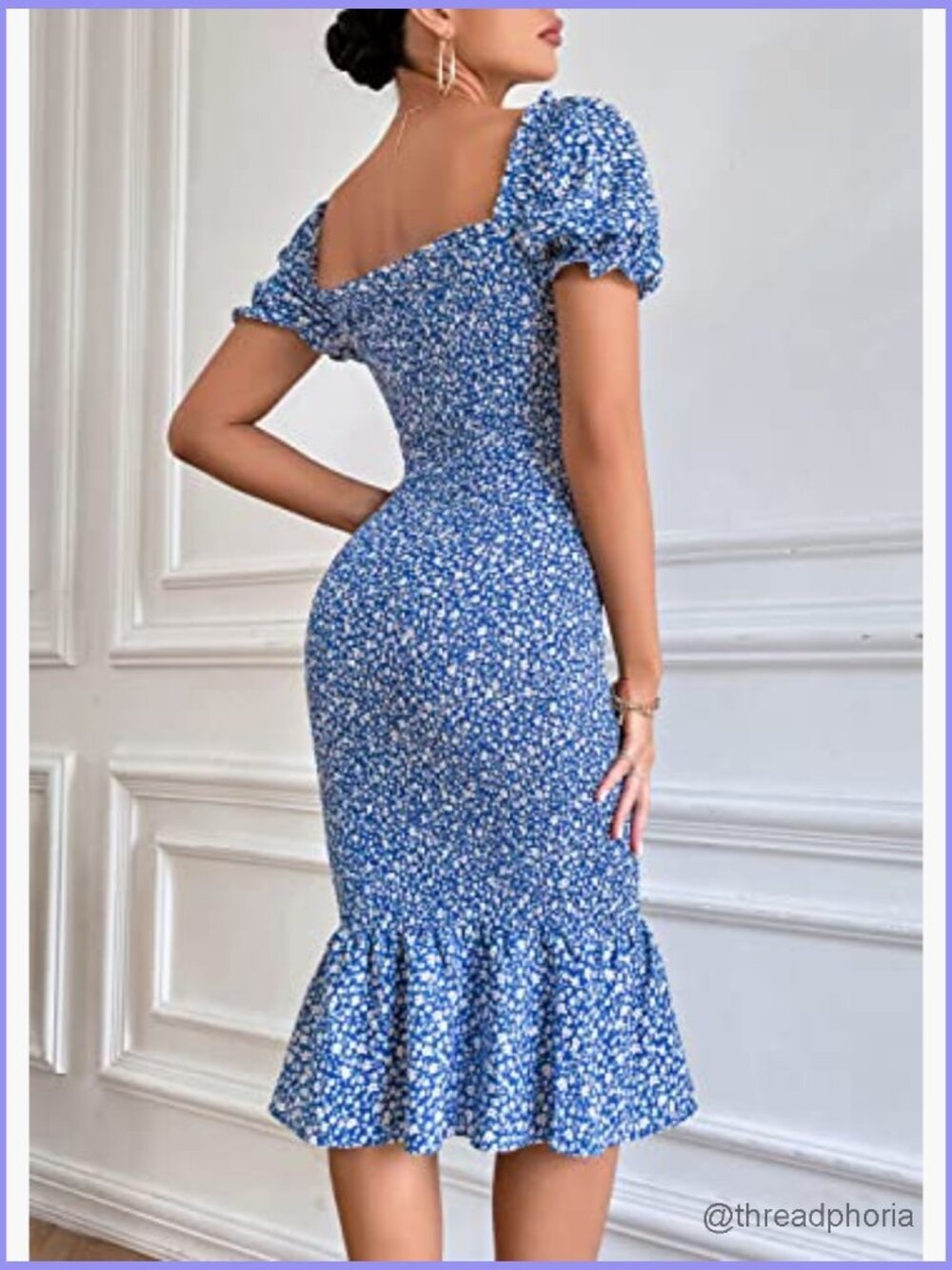 Floral Bodycon Midi Dress Puff Sleeve Mermaid Cocktail Party Dress - Picture 3 of 7